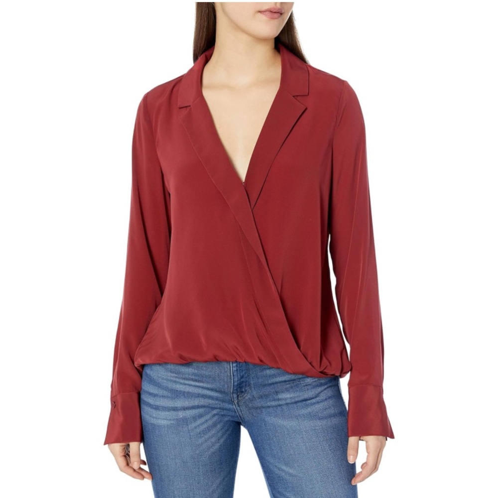 Bailey 44 Red Wrap Blouse with Long Sleeves and Notched Collar